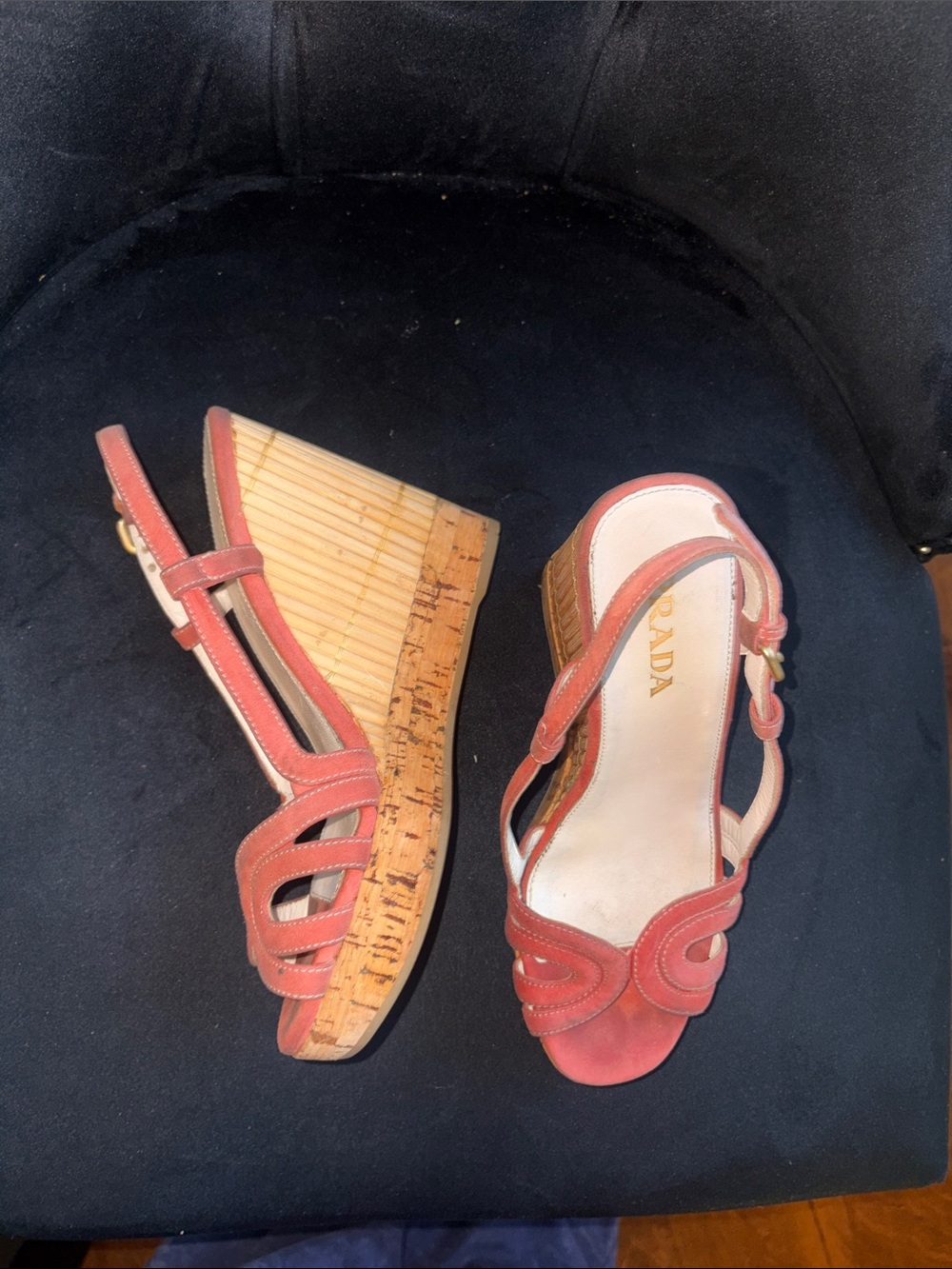 Prada Coral-Peach Leather Slingback Wedge Sandals - Picture 13 of 16